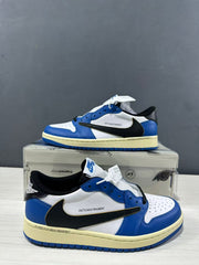 Two blue and white low-top sneakers shown from side and front-quarter views.