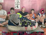 Side view of the Nike basketball sneakers showing the Swoosh, patterned upper, dark blue heel section, and angular cream-colored outsole.