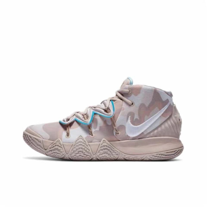 Side view of a Nike Kyrie S2 basketball sneaker in a light camouflage-style colorway with turquoise lace accents.