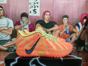 Side profile of an orange-red Nike basketball sneaker showing the dark Swoosh, mint-green laces, Zoom branding, and translucent outsole.