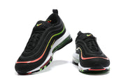 Pair of black Nike Air Max 97 sneakers with green and coral accents, shown from front and angled views.