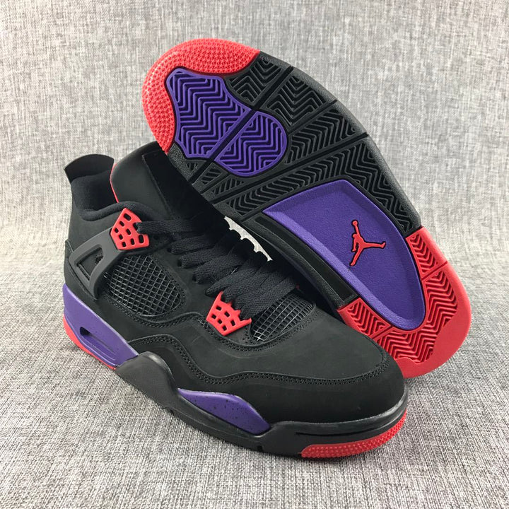 Pair of black Jordan Air Jordan 4 sneakers with purple and red accents, including an outsole view.