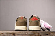 Rear-facing view of both shoes with brown heel panels and red embroidery.