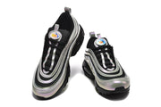Top view of a pair of Nike Air Max 97 sneakers with layered silver and black detailing.