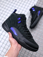 Angled side view highlighting the black upper, textured side panel, and purple accent strip.