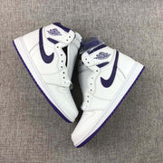 Top-down view of the pair highlighting the white panels, purple accents, laces, and high-top construction.