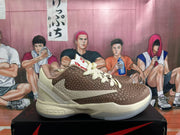 Side profile of a Nike sneaker showing the textured brown upper, off-white Swoosh, layered midsole, and translucent outsole.