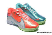 Green, white, and red Nike LeBron 22 sneakers with contrasting teal and coral uppers; style code HV5147-600 is listed.