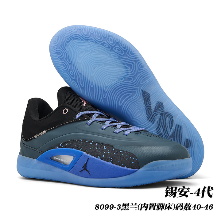 Blue and dark gray Jordan Zion 4 sneakers with blue laces, a patterned side panel, and a translucent blue outsole.