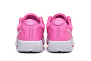 Rear view of the pink sneakers showing padded collars, heel panels, and white midsoles.