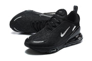Angled view of black Nike Air Max 270 Premium sneakers with perforated-looking uppers.