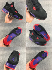 Collage showing multiple angles of black Jordan Air Jordan 4 sneakers and their patterned purple and red outsoles.