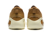 Rear view of the brown sneakers showing heel pull tabs, translucent heel sections, and FLOW branding.