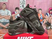 Dark brown Nike Air More Uptempo sneakers shown from the side and outsole