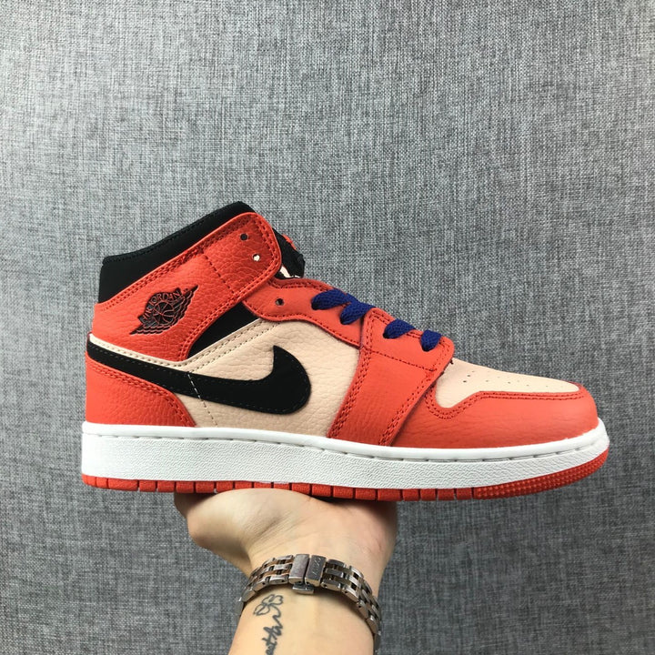 Side profile of an orange-pink and cream high-top Jordan sneaker with a black Swoosh and blue laces.