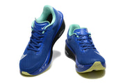 Blue Nike Zoom Fly 6 shoes with mint collars, viewed from the front