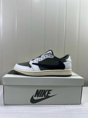 Side view of a low-top sneaker with dark olive panels, white overlays, and a black Swoosh.