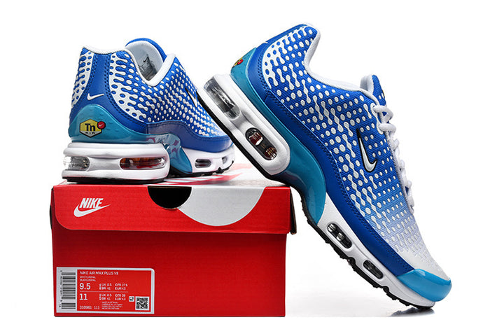 Blue and white Nike Air Max Plus VII sneakers displayed with a Nike shoebox