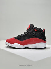 Single side profile showing the black upper, red overlays, white midsole, and black outsole.