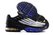 Side and outsole views of black, grey, and blue Nike Air Max Plus 3 sneakers.