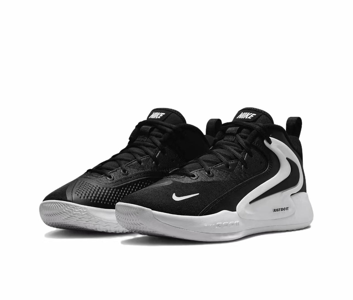 Pair of black and white Nike 911-3 basketball sneakers shown from a three-quarter angle.