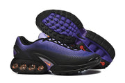 Side and outsole views of the black and purple sneakers