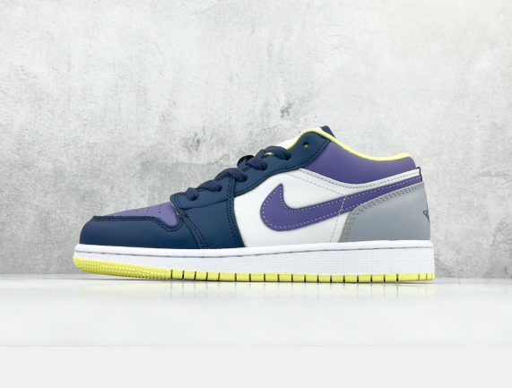Side view of a low-top sneaker with navy, purple, white and grey panels, a side swoosh design, and a bright yellow outsole accent.