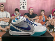 Side profile of a white basketball sneaker with blue accents, a dark blue swoosh, striped side panel, and teal outsole.