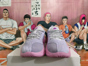 Front view of lavender and pink sneakers with patterned laces
