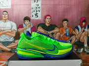 Side view of a volt-green basketball shoe with blue Swoosh detail and multicolor outsole.