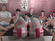 Heel view of grey and pink basketball shoes