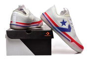 White, red, and blue Converse BB sneakers displayed with a Converse shoe box.