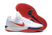 White and red Nike Sabrina 2 basketball shoes with navy accents