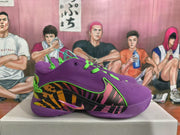 Side view of a purple Nike basketball sneaker with a multicolor patterned side panel, green trim, and a pink swoosh detail.