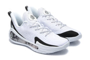 Pair of white and black lace-up basketball sneakers shown from a three-quarter front angle.