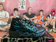 Side profile of a black Puma sneaker showing blue graphic overlays, purple detailing, and a sculpted black outsole.