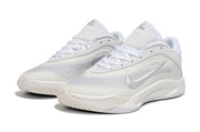 Pair of white-and-silver Nike A'ja Wilson 1 basketball shoes shown from a front three-quarter angle.