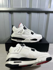Two white and black Air Jordan 4 sneakers shown from angled side and outsole views.