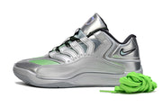 Side view of silver Nike KD 18 basketball sneakers with bright green accents.