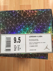 Box label showing Jordan 4 Lab4, Red Patent Leather, style code 719864 600, size 9.5, EU 43, UK 8.5, and CM 27.5.