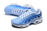 Close view of blue Nike Air Max Plus sneakers showing the gradient upper and white lacing.