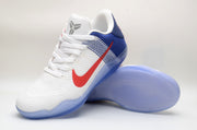 Angled view showing the Kobe 11 upper and translucent blue outsole.