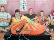 Side profile of an orange Nike basketball sneaker showing the patterned upper, blue Swoosh, mint-green laces, and translucent outsole.