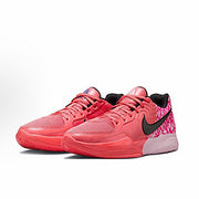 Pair of pink Nike Ja 2 basketball shoes with black Swooshes and patterned heel panels.