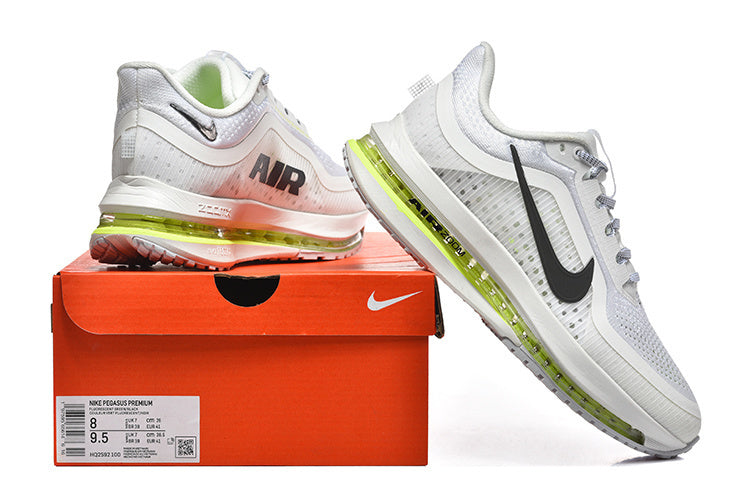 Nike Pegasus Premium shoes shown with an orange shoe box; the box label shows a sample size.