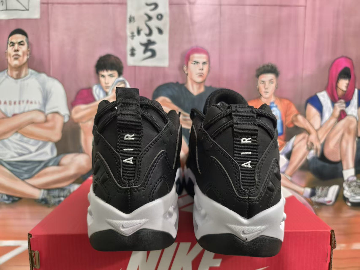 Rear view of black Nike sneakers with white midsoles and heel pull tabs.