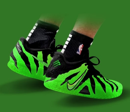 Pair of black and bright green sneakers with side swoosh logos shown on feet against a green background.