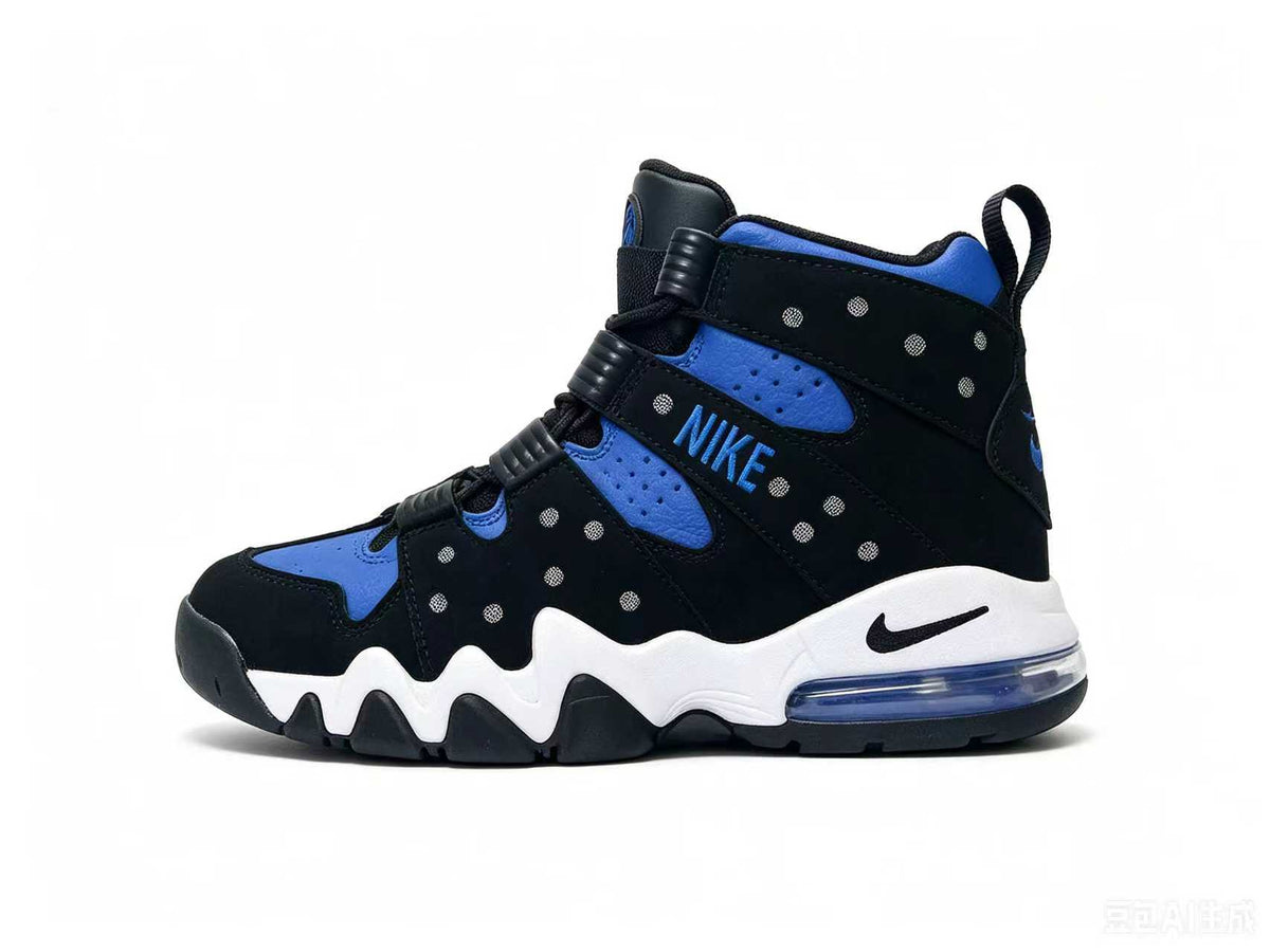 Black and blue Nike high-top sneaker with adjustable straps, perforated panels, a white sculpted midsole, and a visible heel air unit.