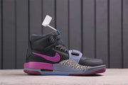 Side profile showing the high-top construction, purple swoosh, forefoot strap, and patterned side detail.
