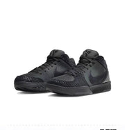 Black Nike Kobe 4 basketball sneakers with textured forefoot panels and matching black branding.